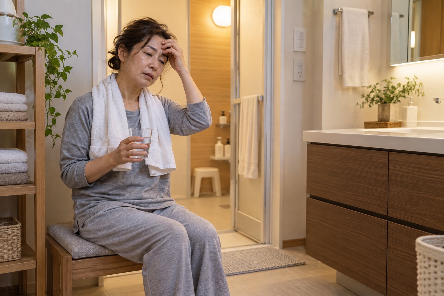 入浴後のだるさで椅子に座り水分を取る女性