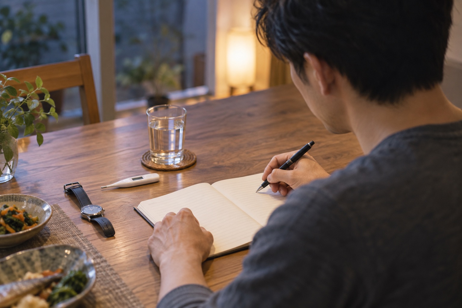 入浴後の体調と時間をノートに記録する男性