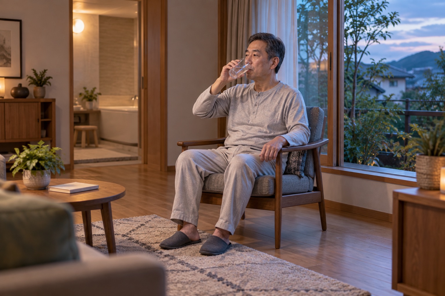入浴後に椅子へ座り窓辺で水分を取る男性