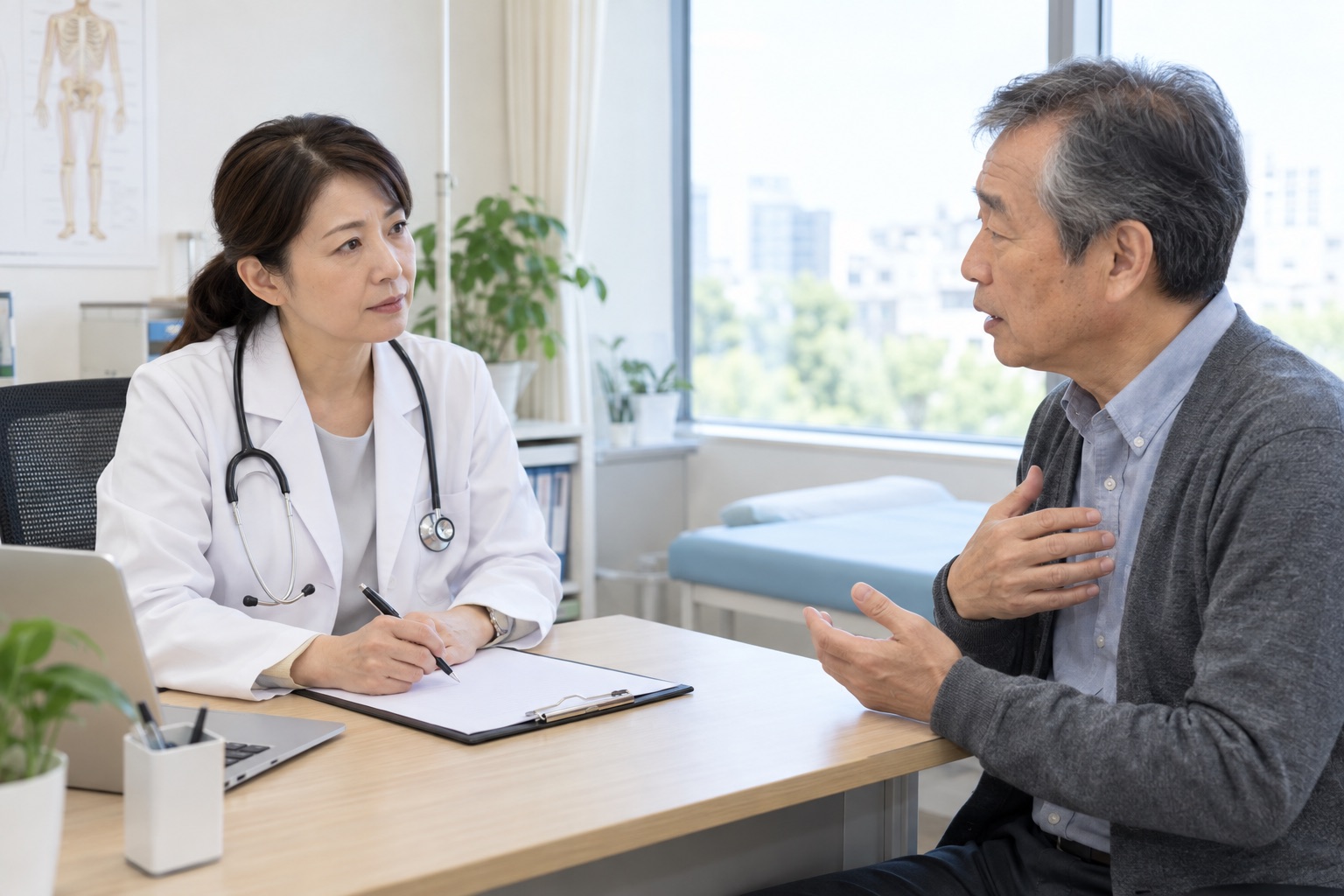入浴後のだるさや動悸を医師へ相談する男性