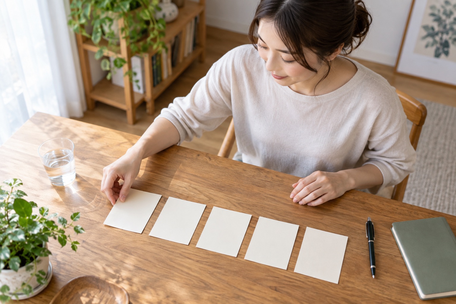 入浴後のだるさについて五つの質問カードを整理する女性