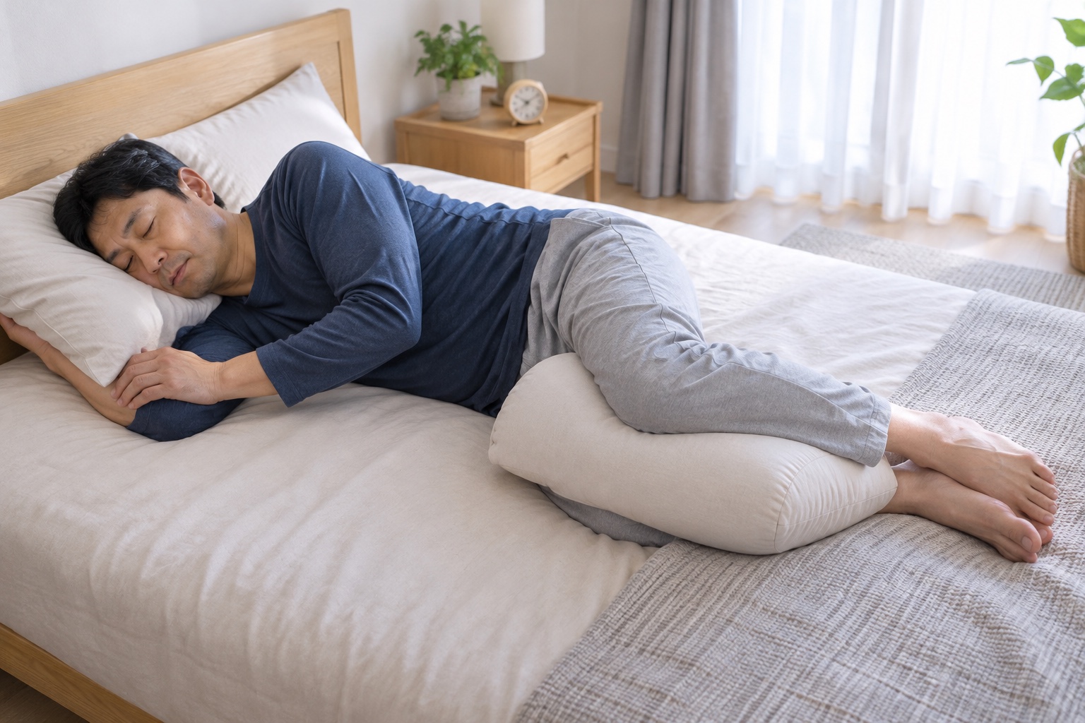 膝の間に枕を挟んで横向きに休む男性