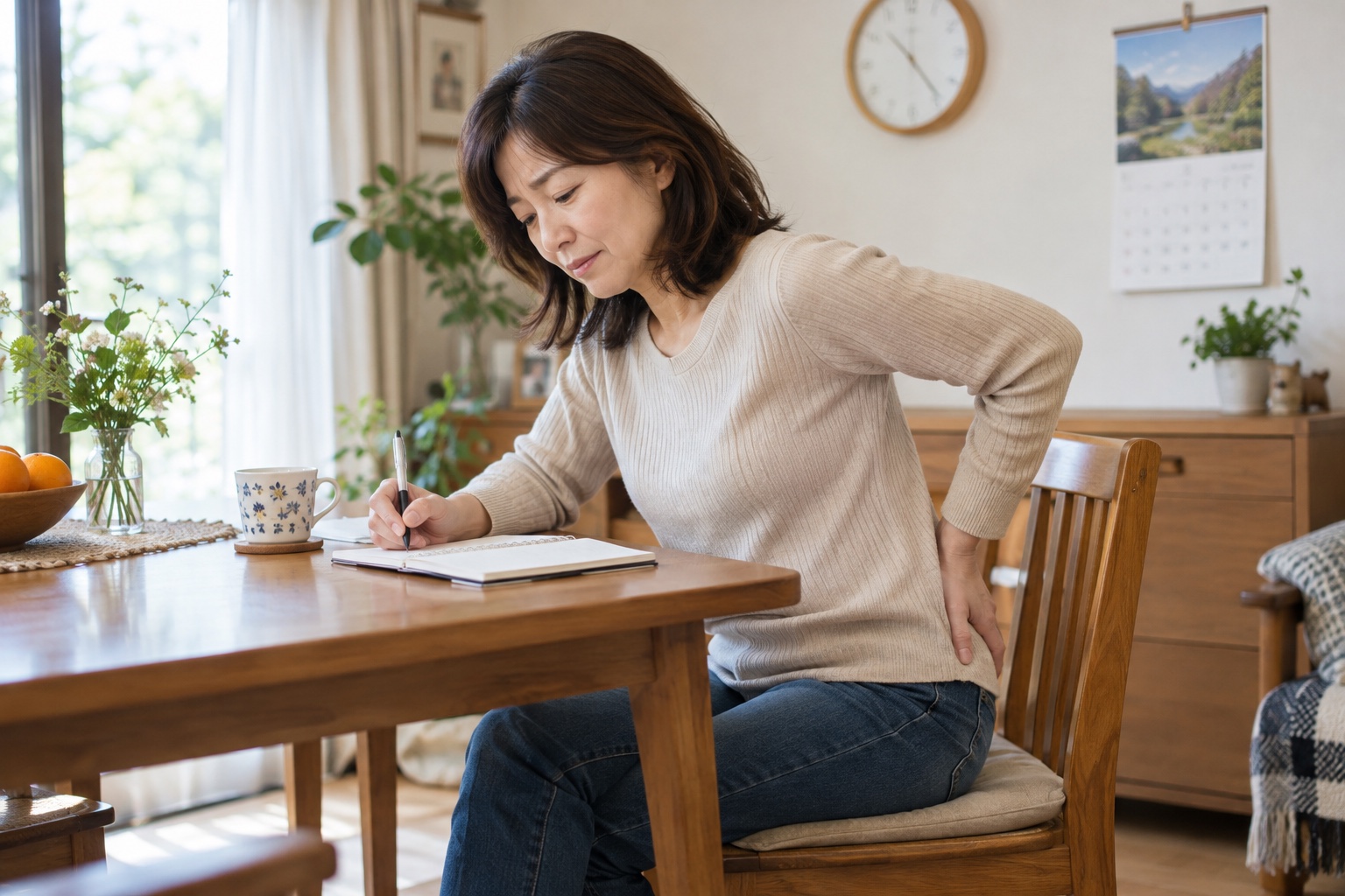 腰から脚の痛みが出た時刻をノートに記録する女性
