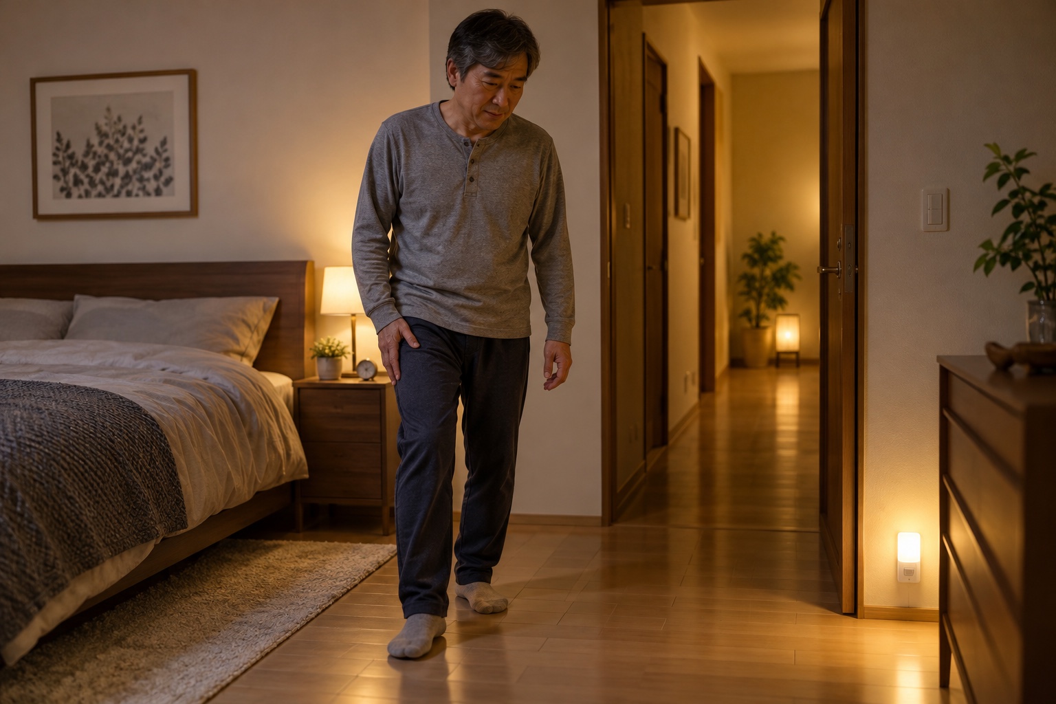 夜中に脚の痛みで目覚め安全に室内を歩く男性
