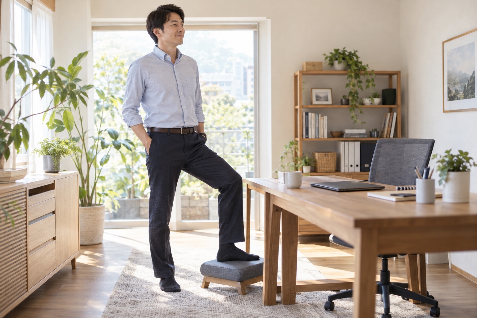 デスクワークの合間に立って姿勢を変える男性