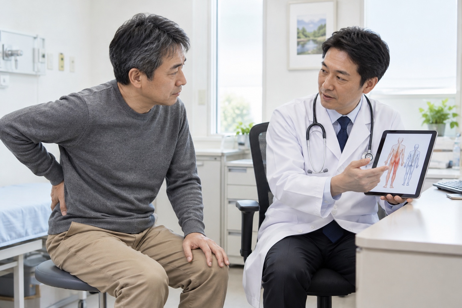 腰から脚の痛みについて医師へ相談する男性