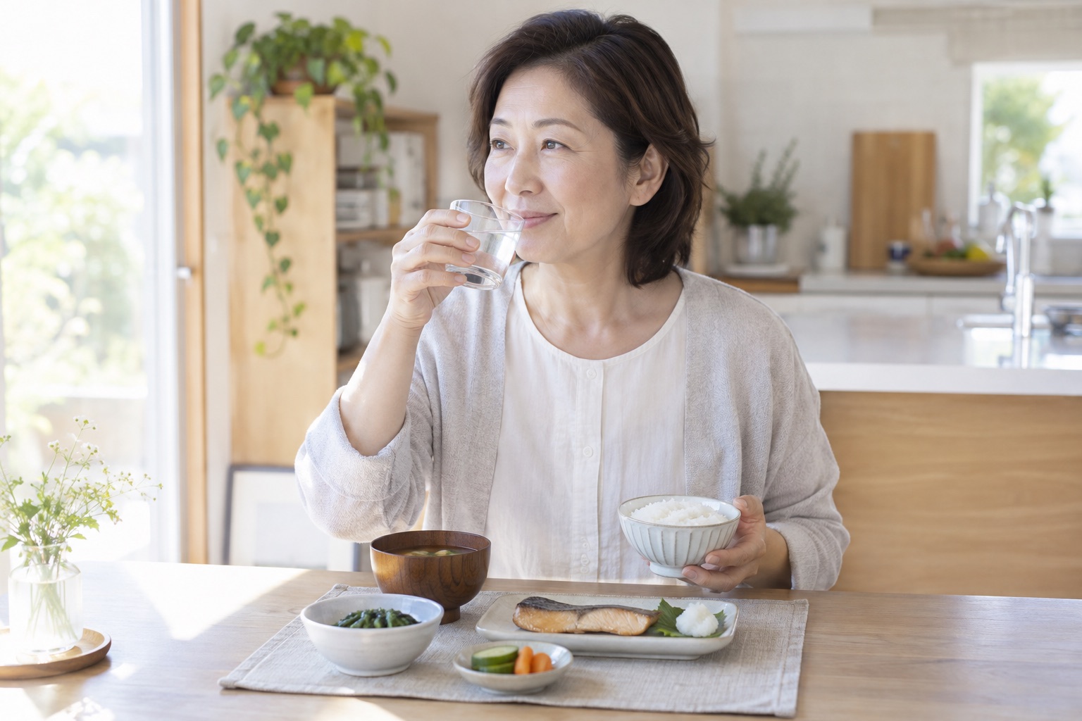 長時間の外出前に少量の食事と水分を取る女性
