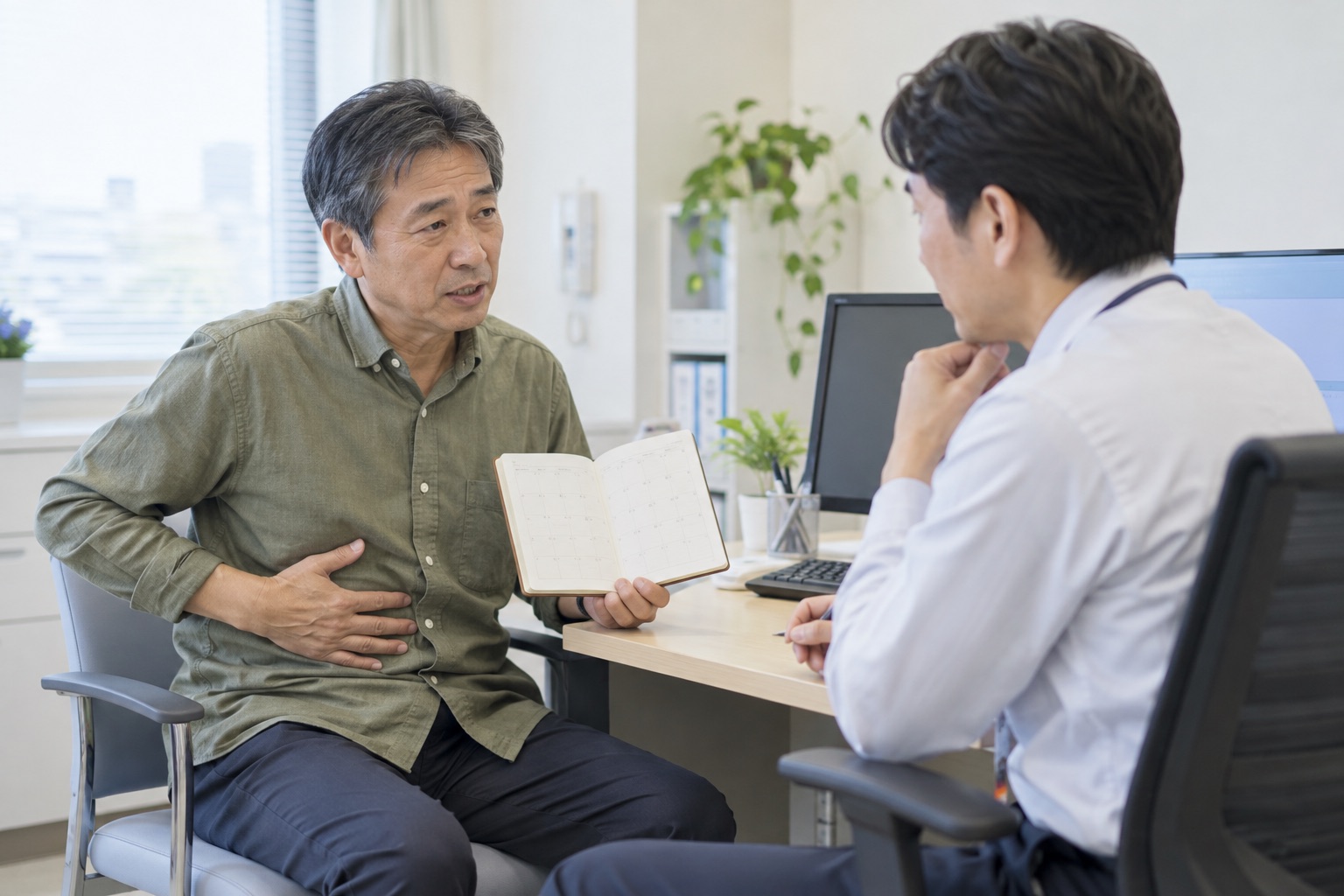 外出を妨げる腹痛と急な便意を医師へ相談する男性