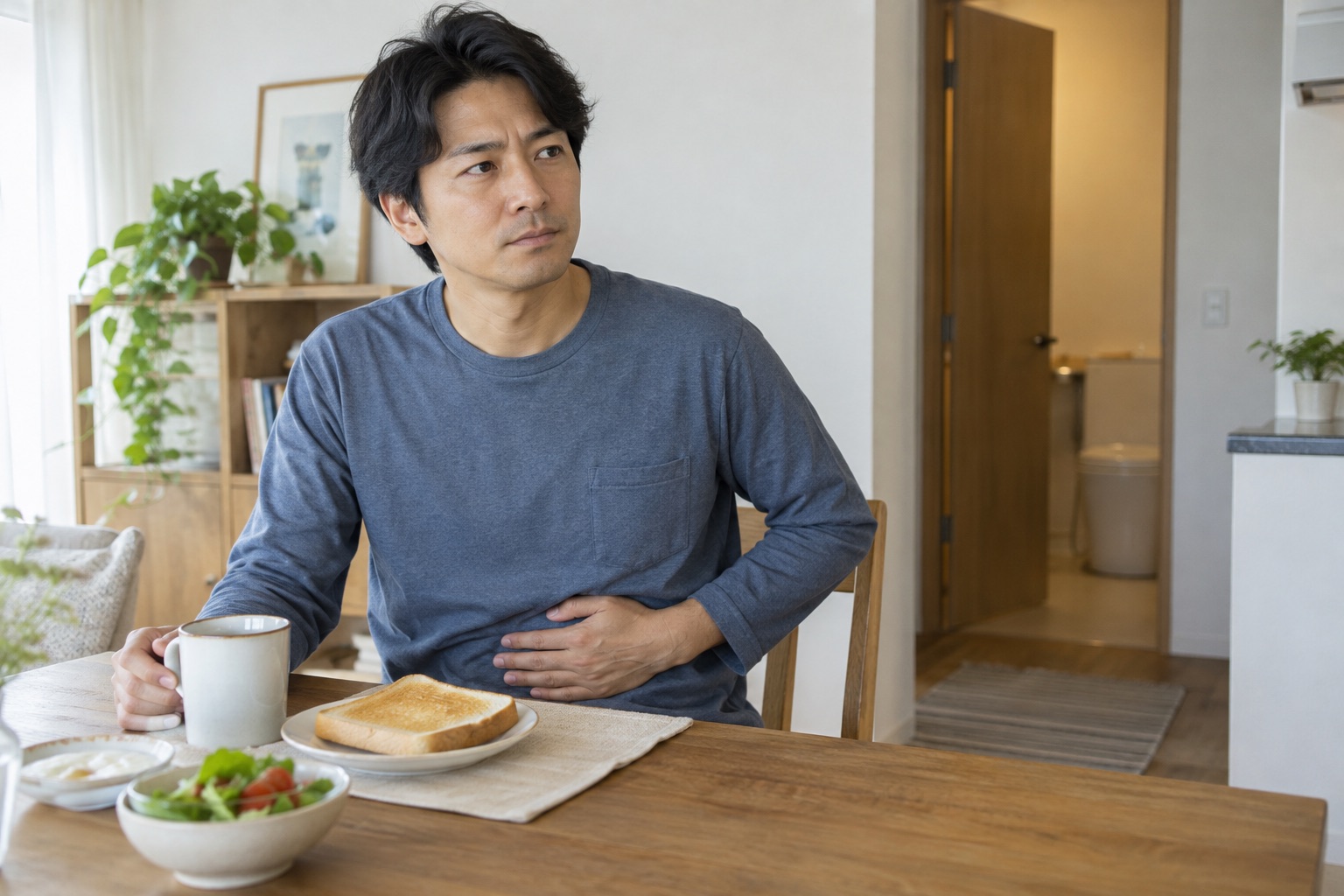 トーストを置いた朝食の席でお腹に手を添える青い服の男性