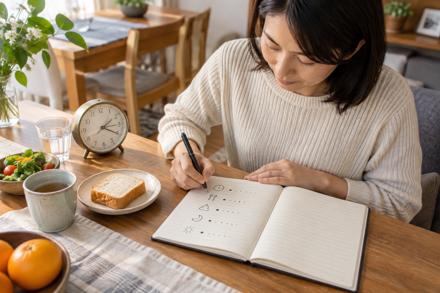 時計と朝食をそばに置き食事や体調の経過をノートへ書く女性