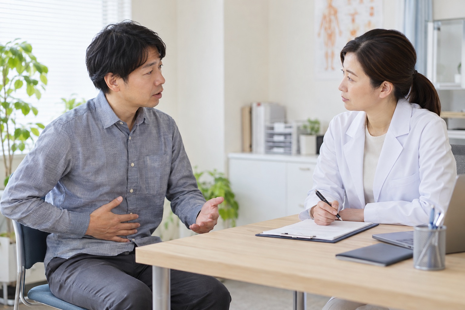 腹部に手を添え食後の体調について白衣の医師へ相談する男性
