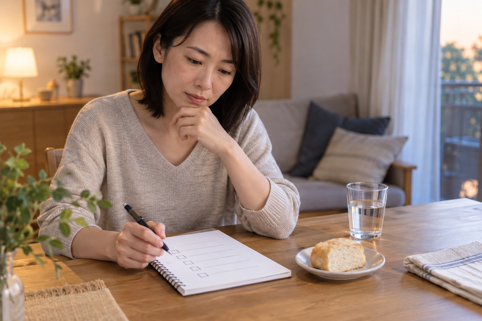 夕方の居間でノートを開き食事に関する質問を考える女性