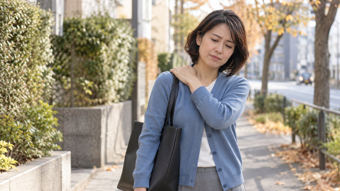 通勤中に肩掛けバッグのひもが当たる肩へ手を添える女性