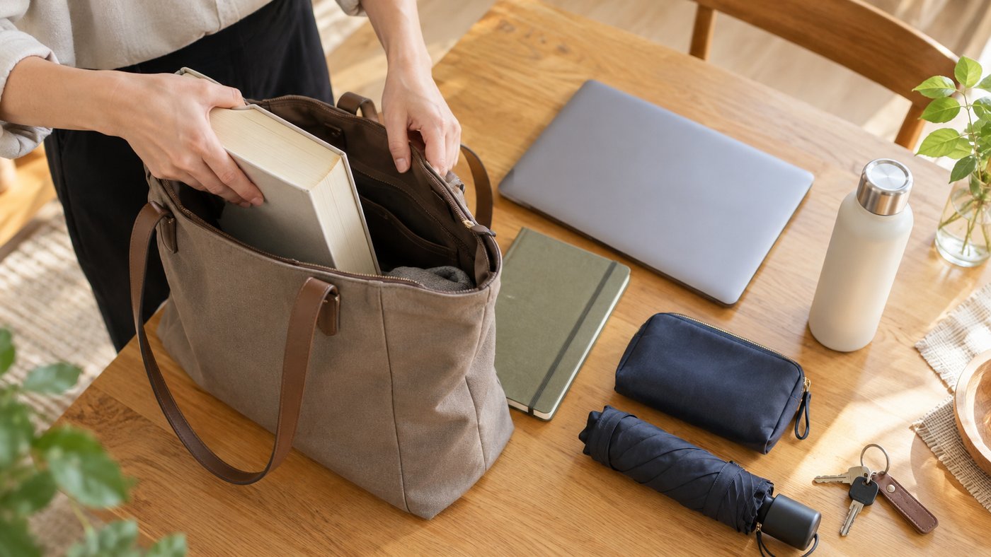 通勤バッグから不要な本を出し荷物の量を見直す手元