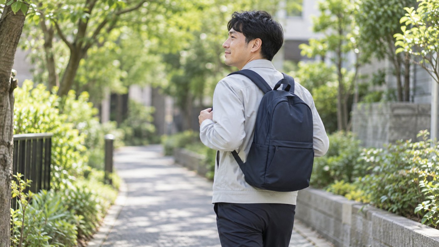 両肩でリュックを背負い肩ひもの長さを確かめる男性
