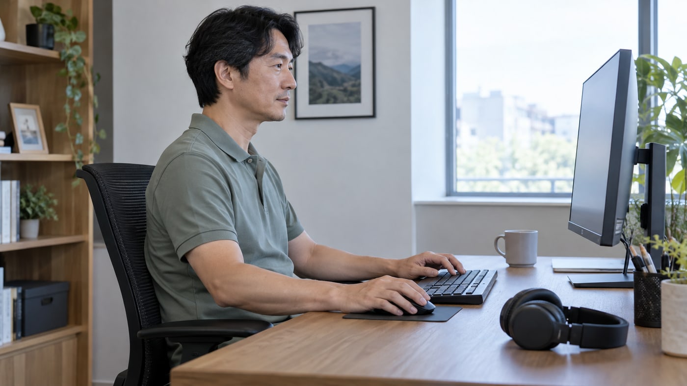 ヘッドホンを机に置き外付けキーボードとマウスを使う男性