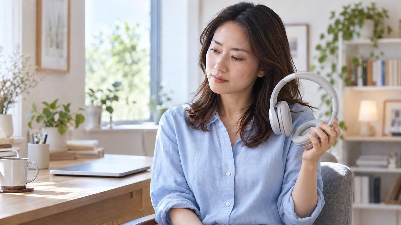 自宅の机でヘッドホンを外し手に持って休む青いシャツの女性