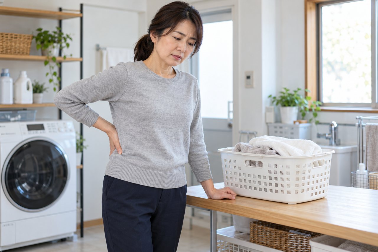 洗濯かごを台に置いて作業を止め腰の痛みを確認する女性