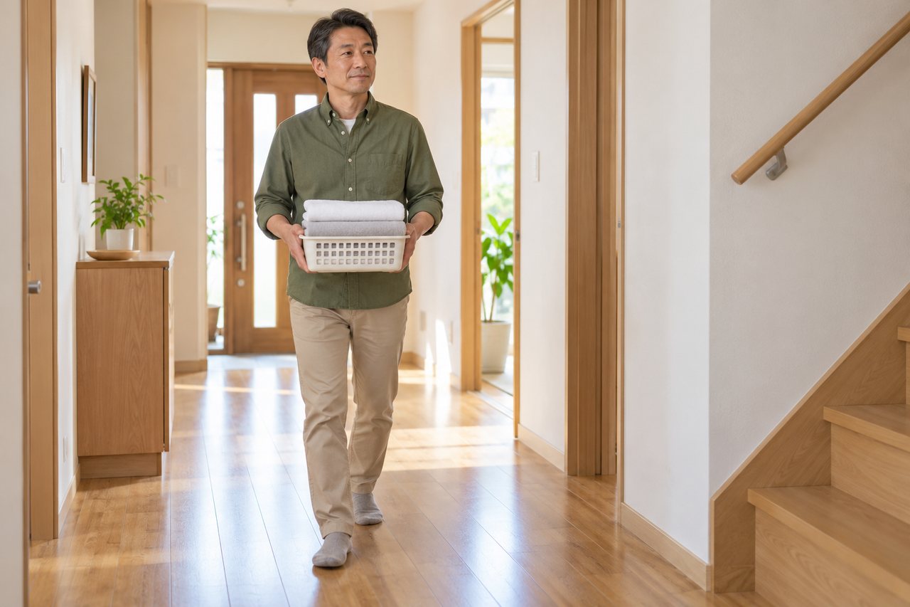 少量のタオル入りのかごを体の近くに両手で持ち廊下を歩く男性