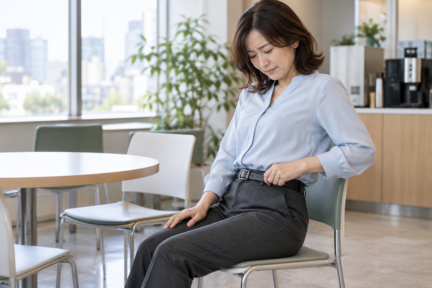 椅子に座り腹部を圧迫するベルトのゆとりを確かめる女性