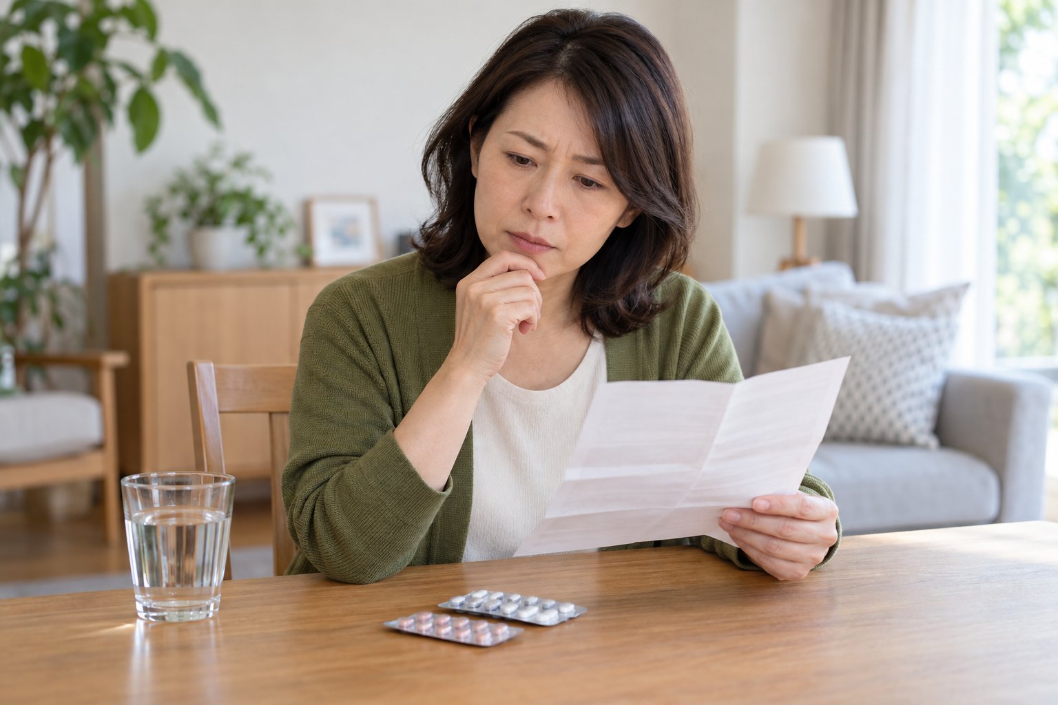 自宅で薬の説明書を読み服薬後の体調について考える女性