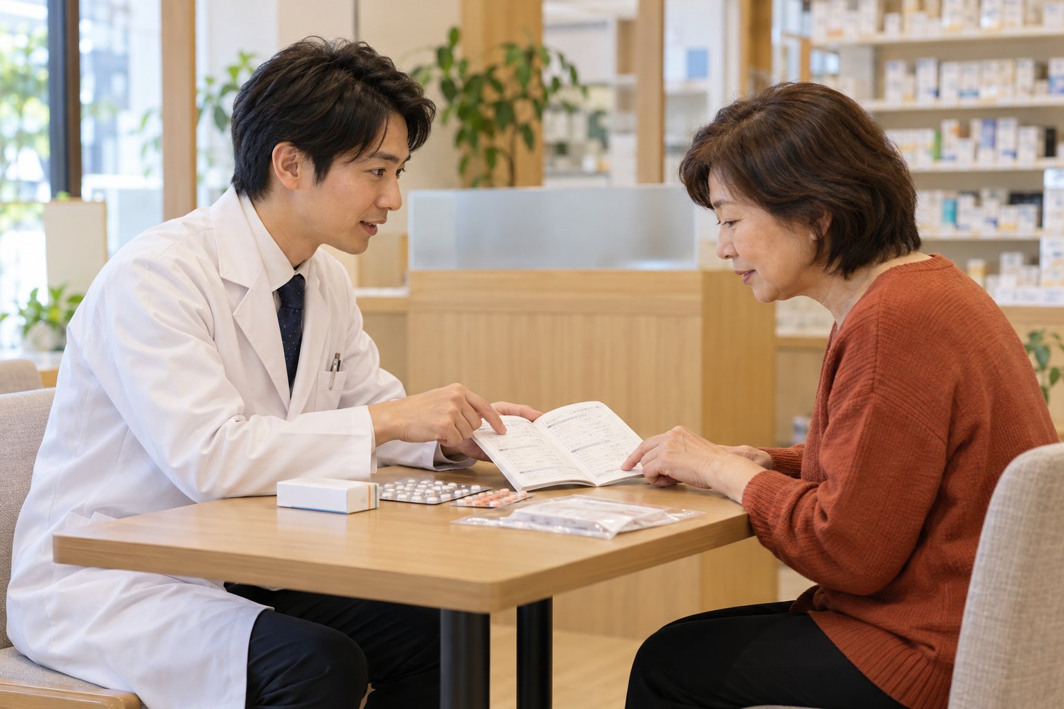お薬手帳と薬の包装を見せ薬剤師に飲み方を確認する女性