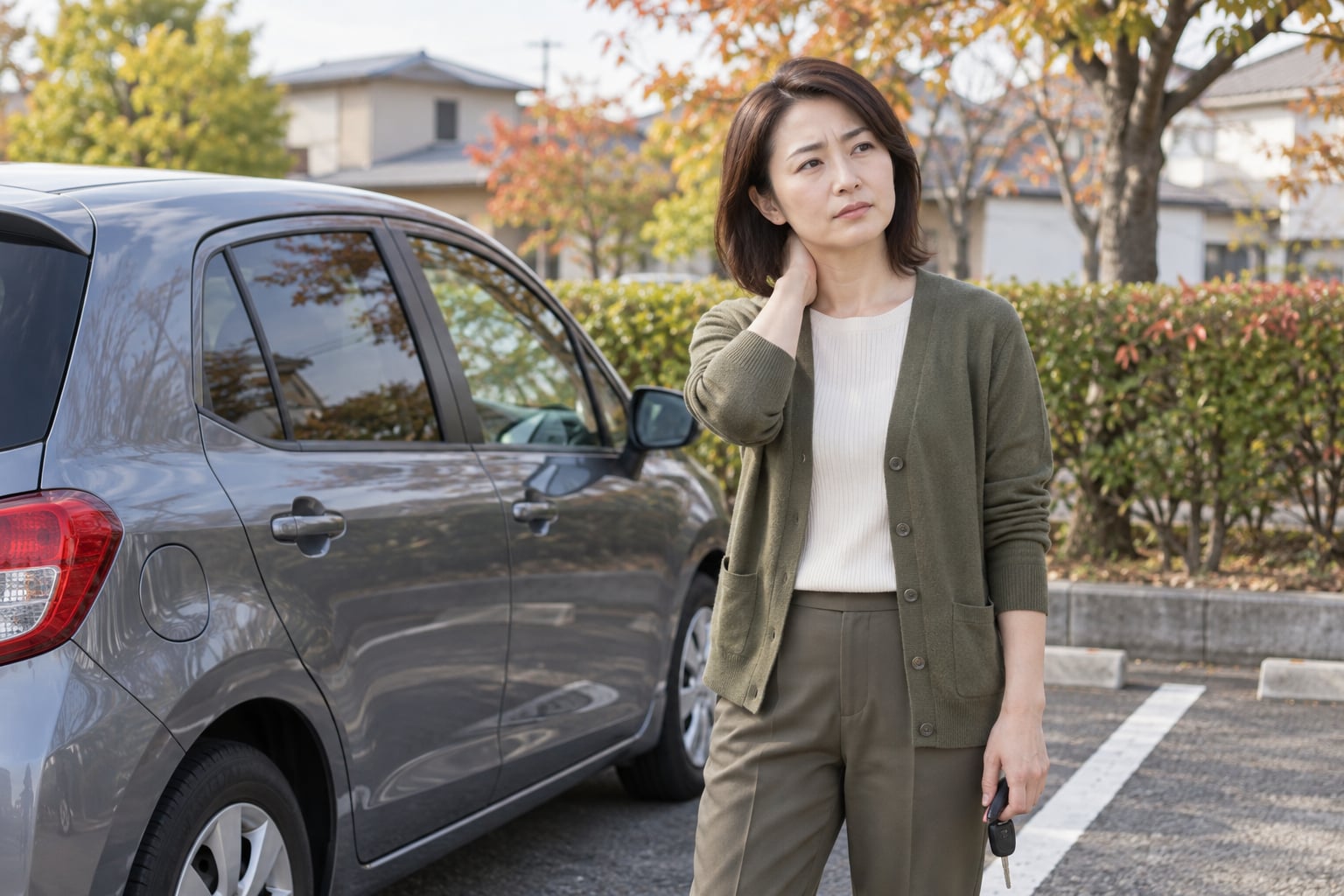 駐車した車の横で首の後ろに手を添え体調を確認する女性