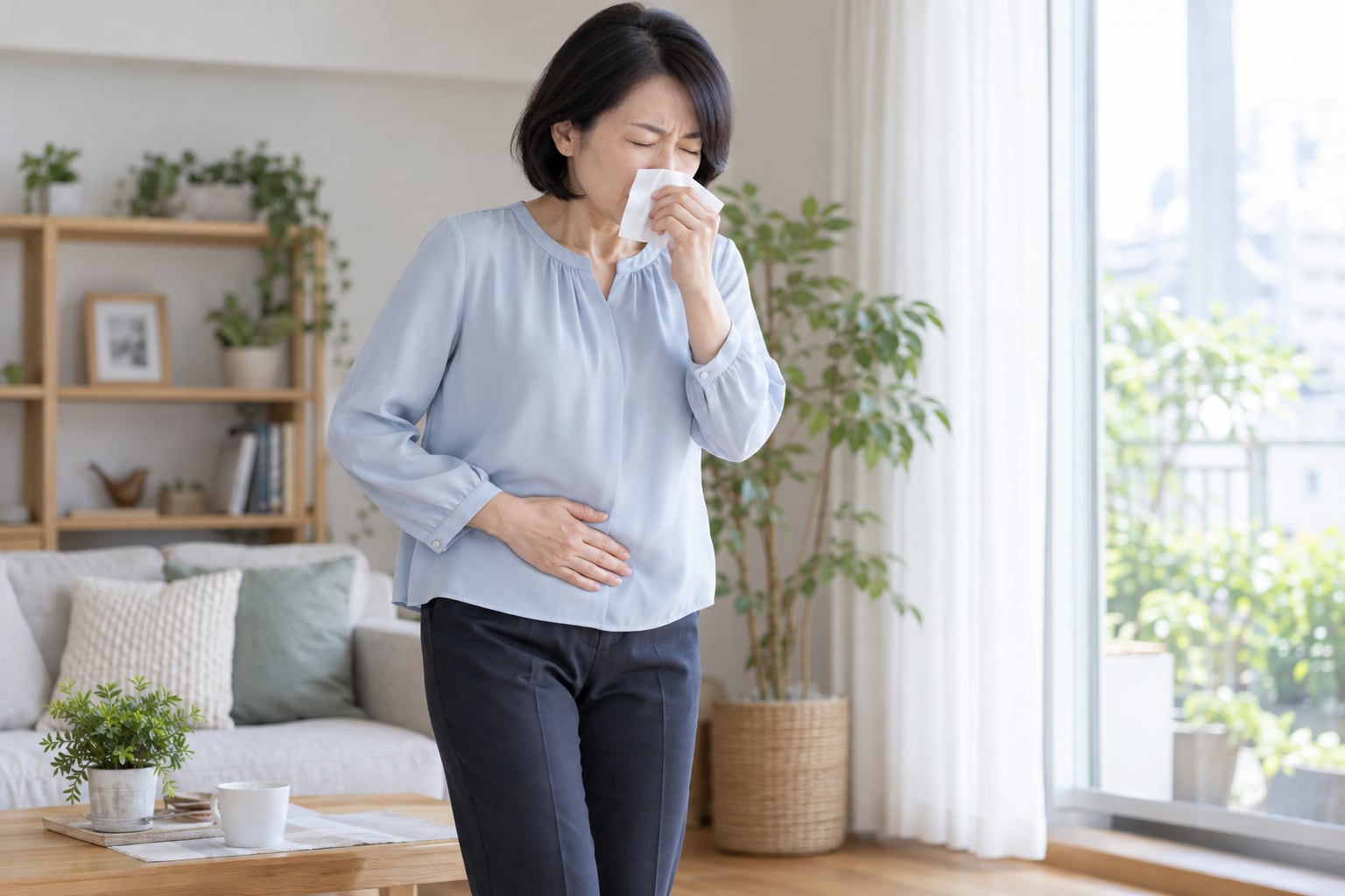 居間でティッシュを口元に当ててくしゃみをする女性