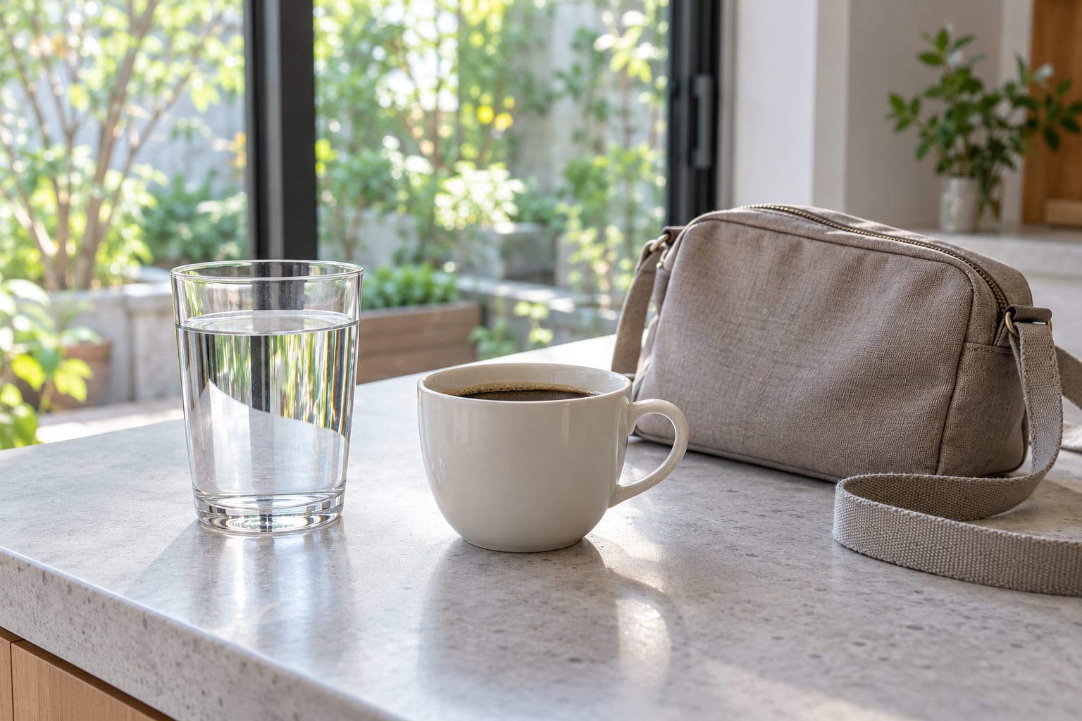 水の入ったグラスと小さなコーヒーカップと外出用バッグ