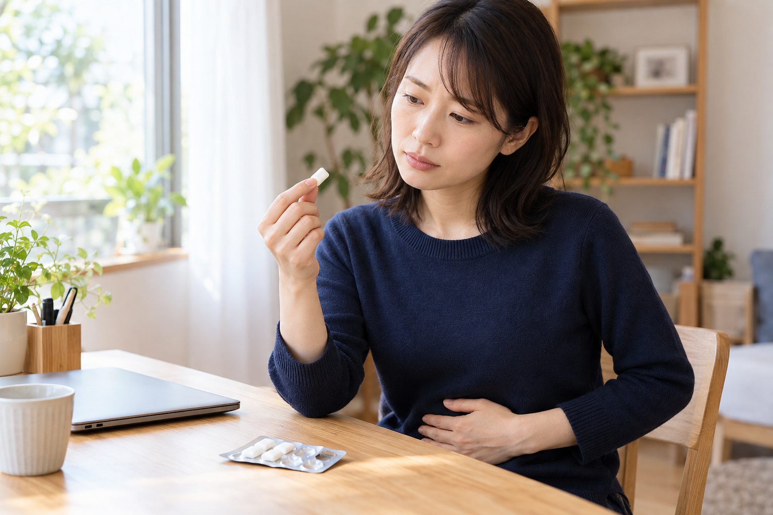 仕事机でガムを手に取りお腹の張りを気にする女性