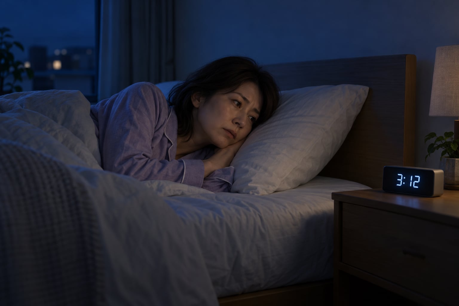 夜中に目が覚めて枕元のデジタル時計を見つめる女性