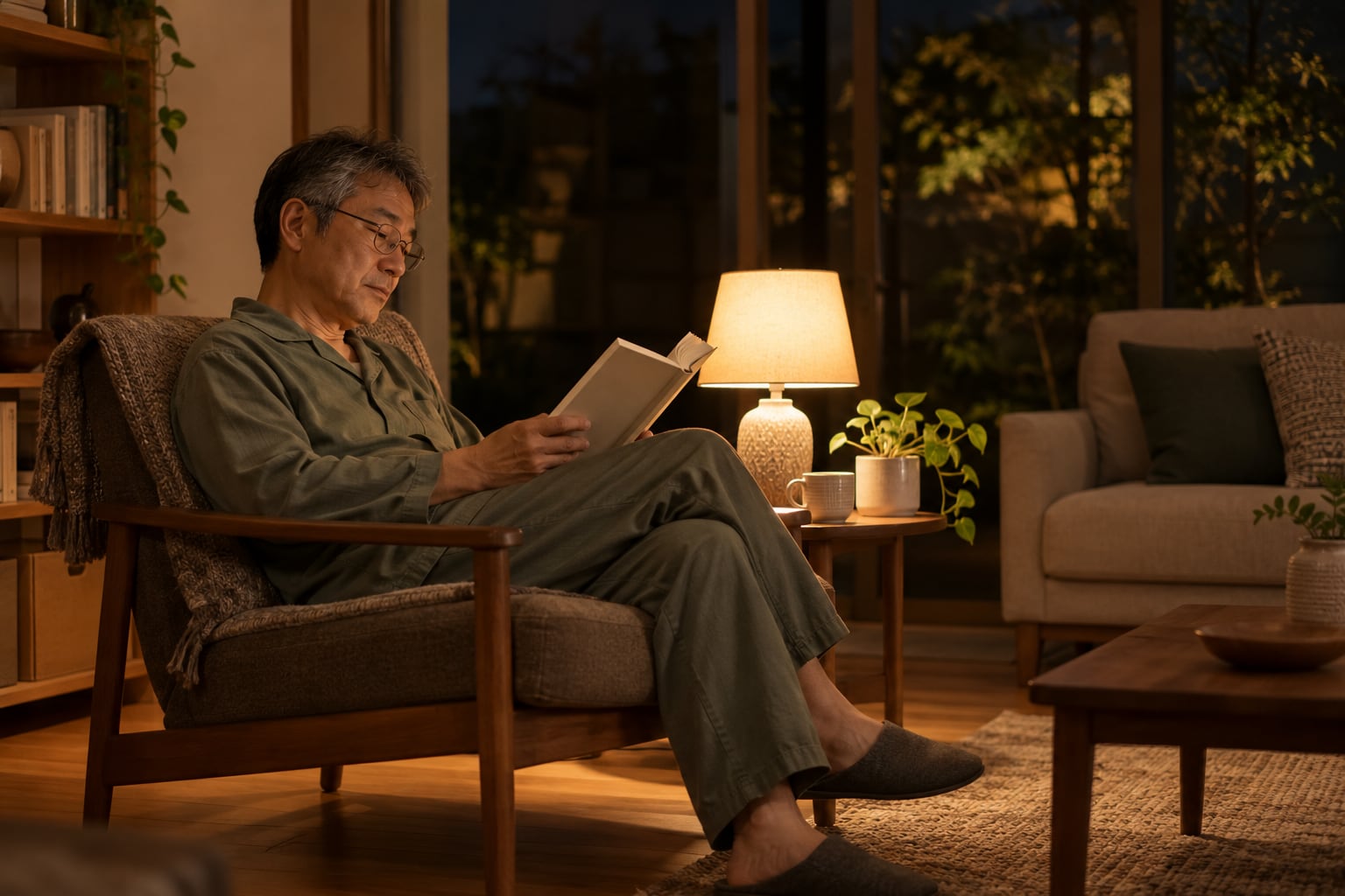 夜の居間の椅子で暖色の照明の下で静かに本を読む男性