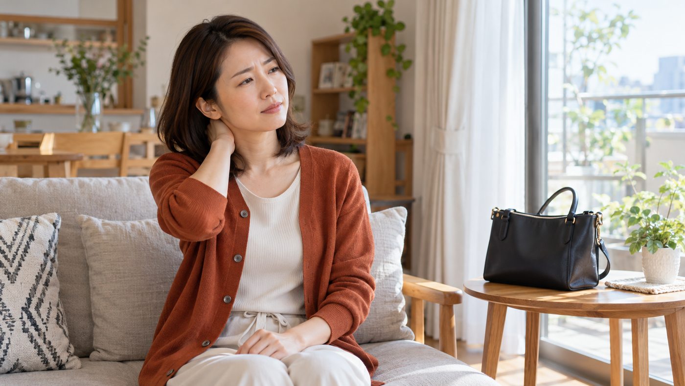外出前の自宅で首の後ろに手を添えて座る女性