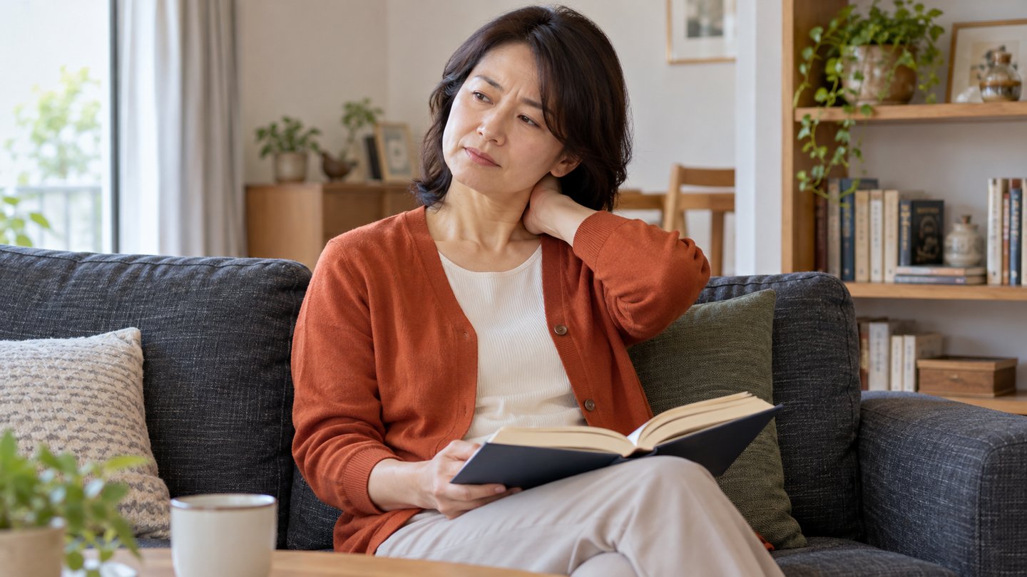 ソファで膝の上の本を読む途中に首の後ろへ手を添える女性