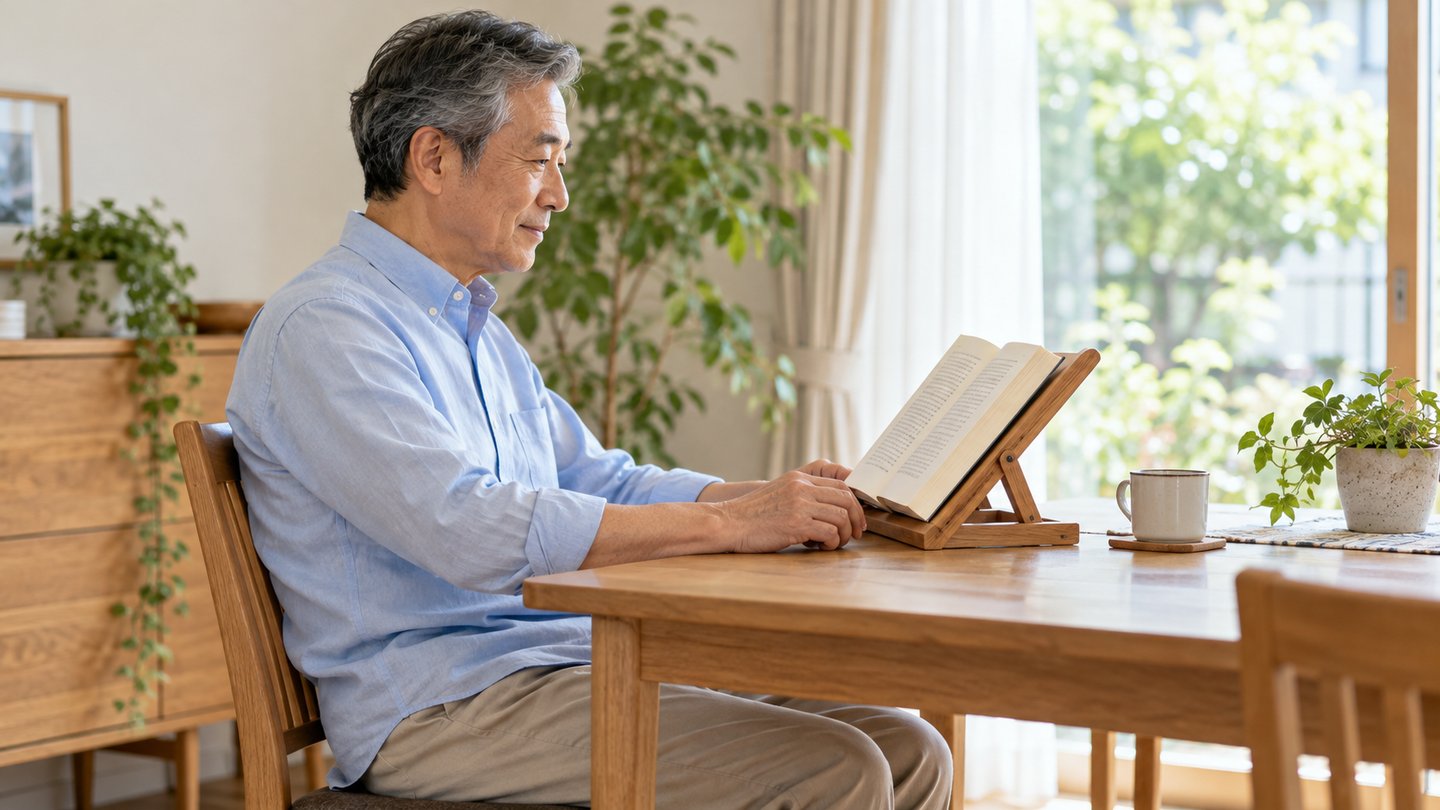 木製の読書台に本を置きテーブルで前腕を支えて読む男性