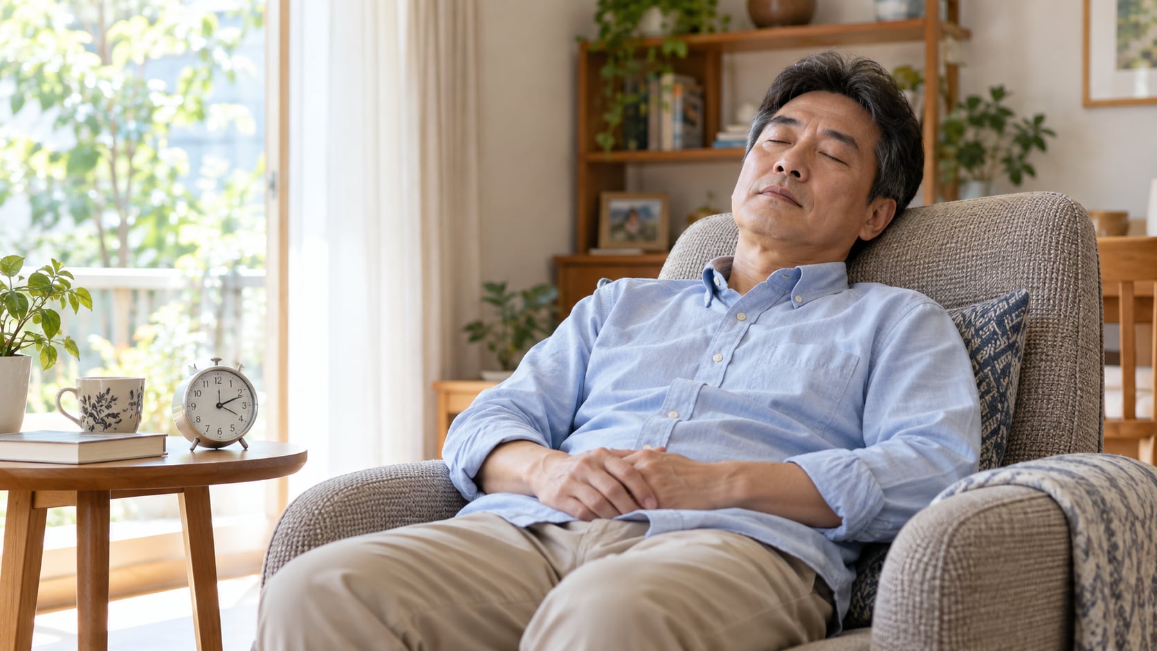 昼の居間で肘掛け椅子に体を預け、目を閉じて短い休息を取る男性
