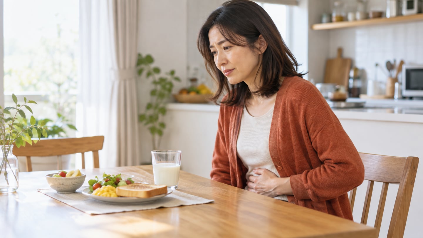 朝食の牛乳を前にお腹に手を添えて座る茶色のカーディガンの女性