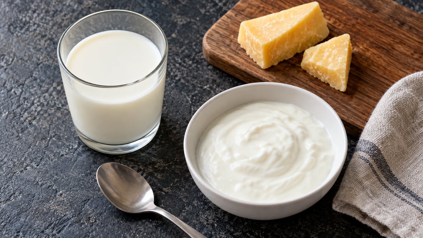 石の台に牛乳と白いヨーグルトと硬いチーズを並べた食卓