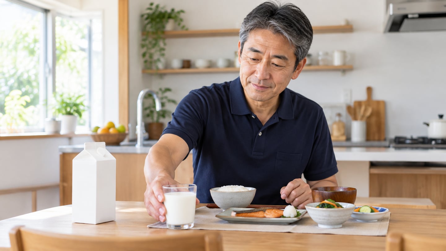 ご飯と魚と野菜の朝食に少量の牛乳を添える紺色の服の男性