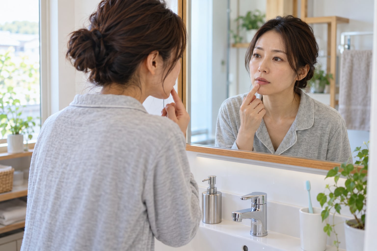 朝の洗面所で鏡を見ながら下唇の外側へ指を添える女性