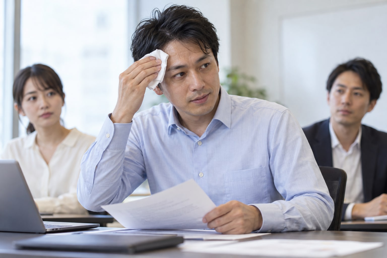 会議室で資料を持ちながら白いハンカチで額の汗を拭く男性