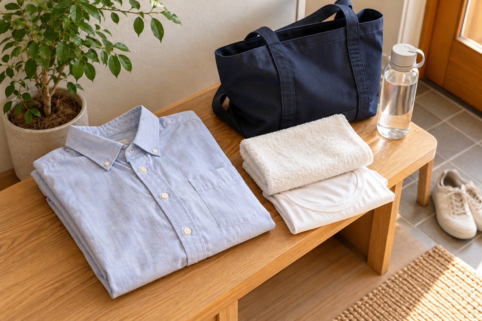 玄関の木製ベンチに替えのシャツと肌着とタオルと飲み物を用意した様子