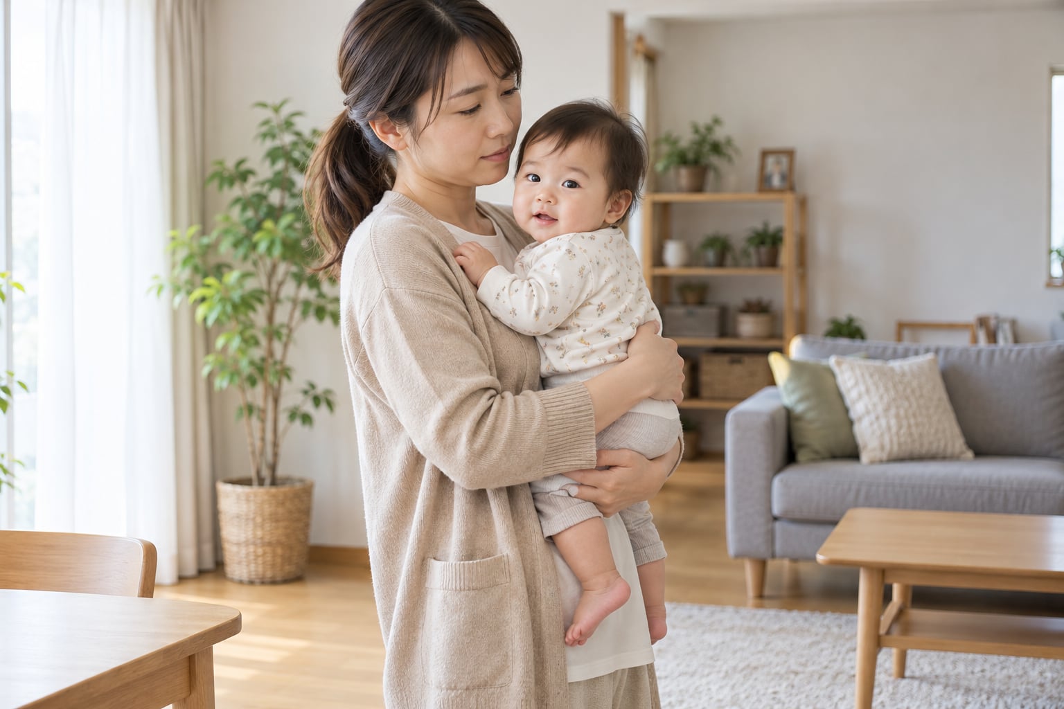室内で子どもを体に近づけて両手で支えながら抱く母親