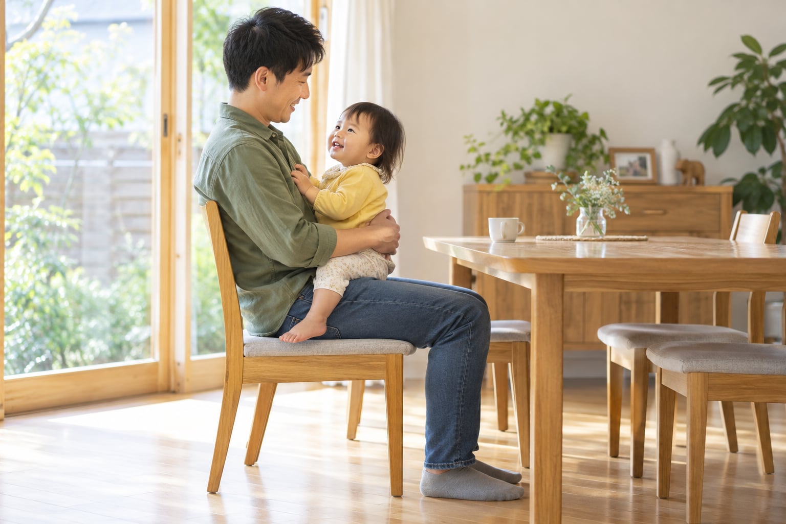 足を床につけて椅子に座り子どもを膝の上で支える父親