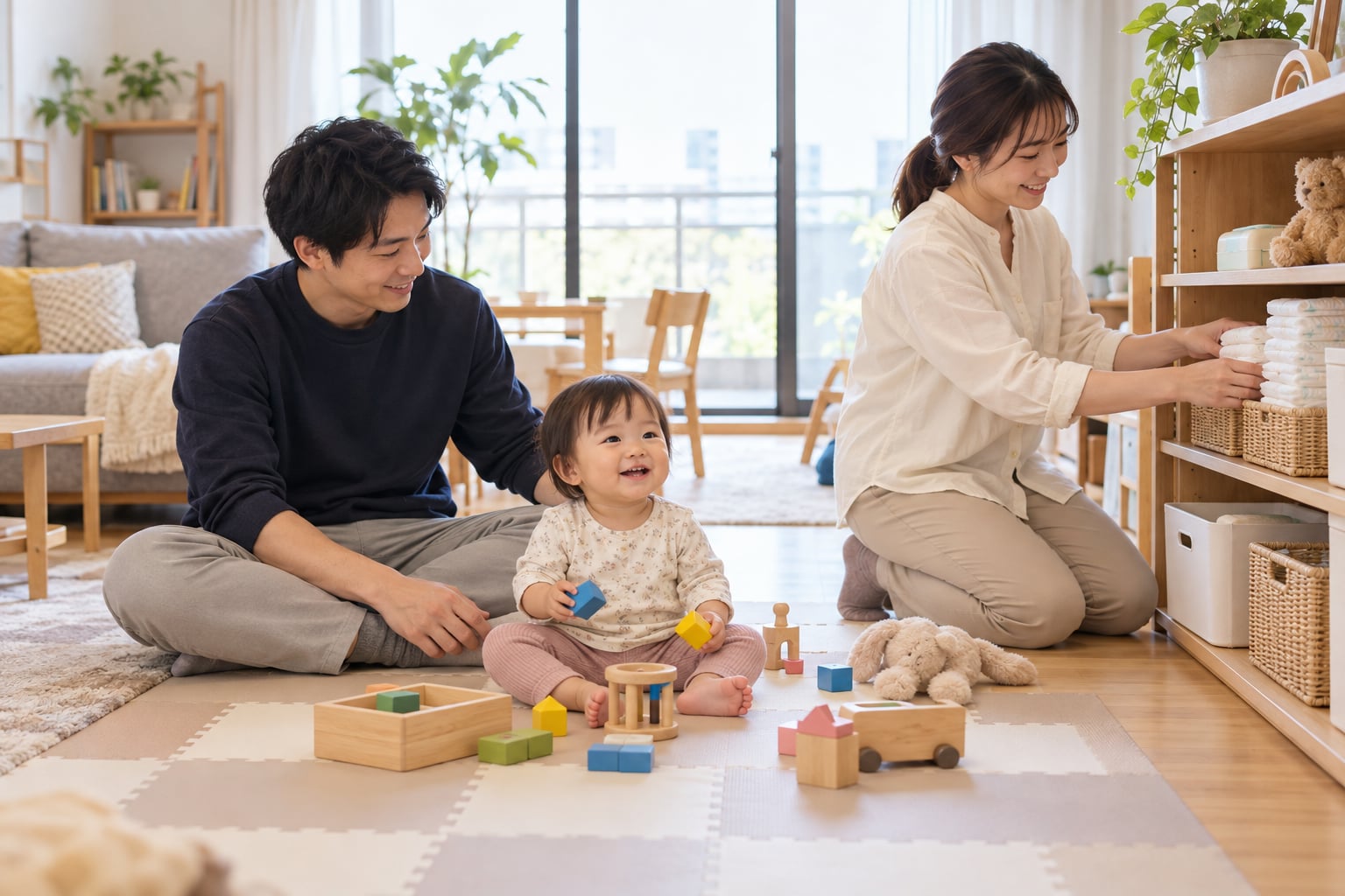 床で遊ぶ子どもを見守る父親と育児用品を棚に整える母親