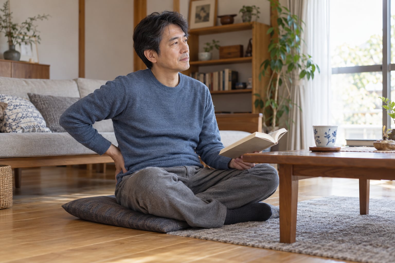 低いテーブルの横で座布団にあぐらをかき腰へ手を添える青いセーターの男性