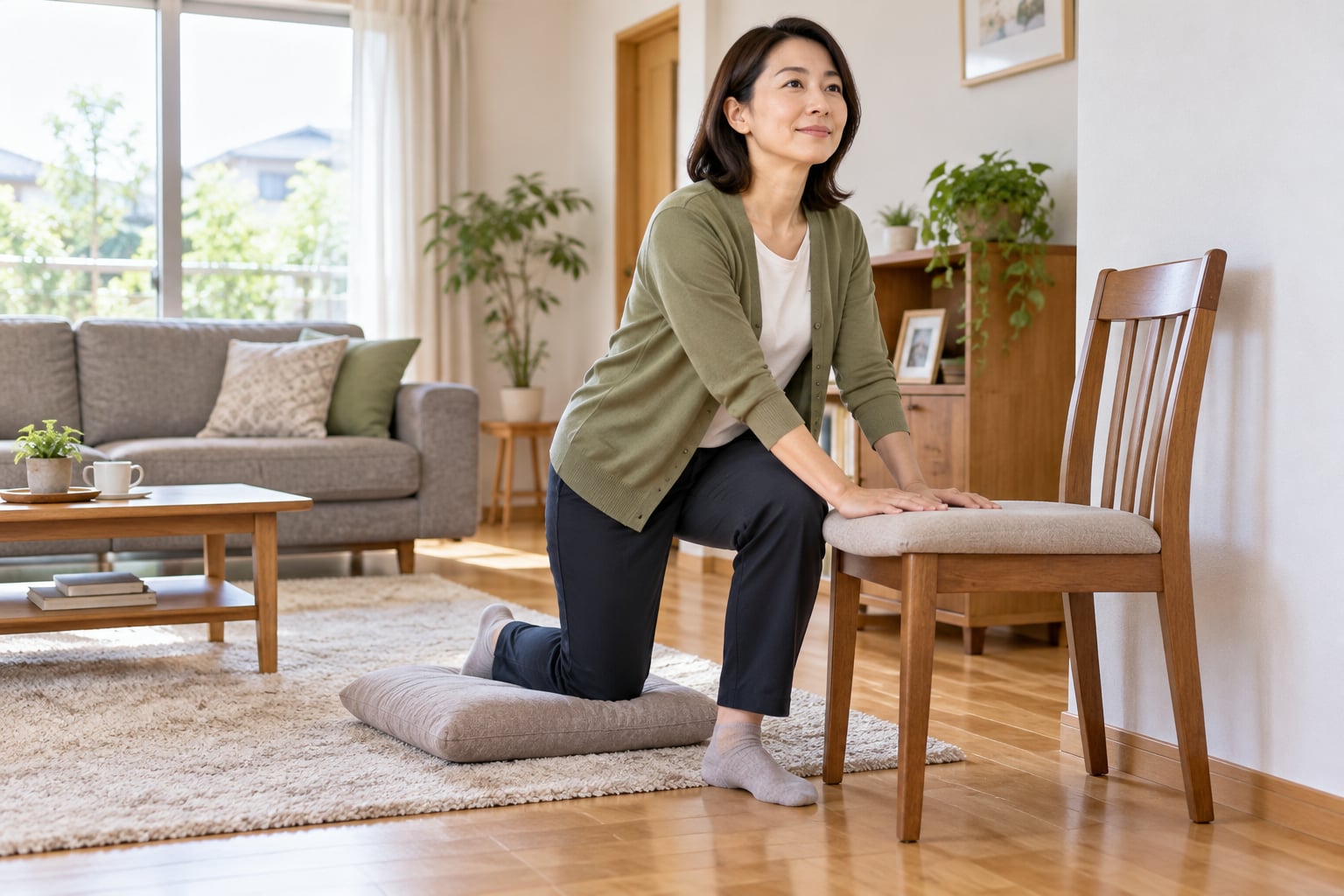 壁際の木製椅子へ両手を置き片膝を座布団について立つ準備をする女性