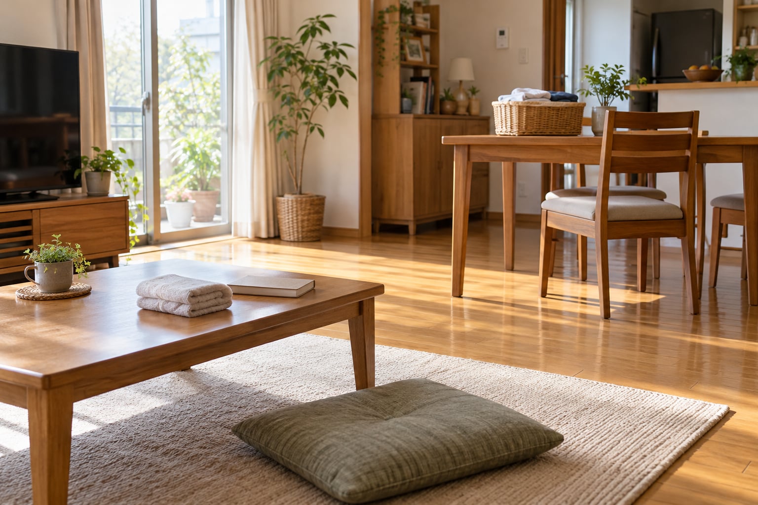 座卓と座布団の近くに椅子席を設け洗濯かごを机の高さへ置いた部屋