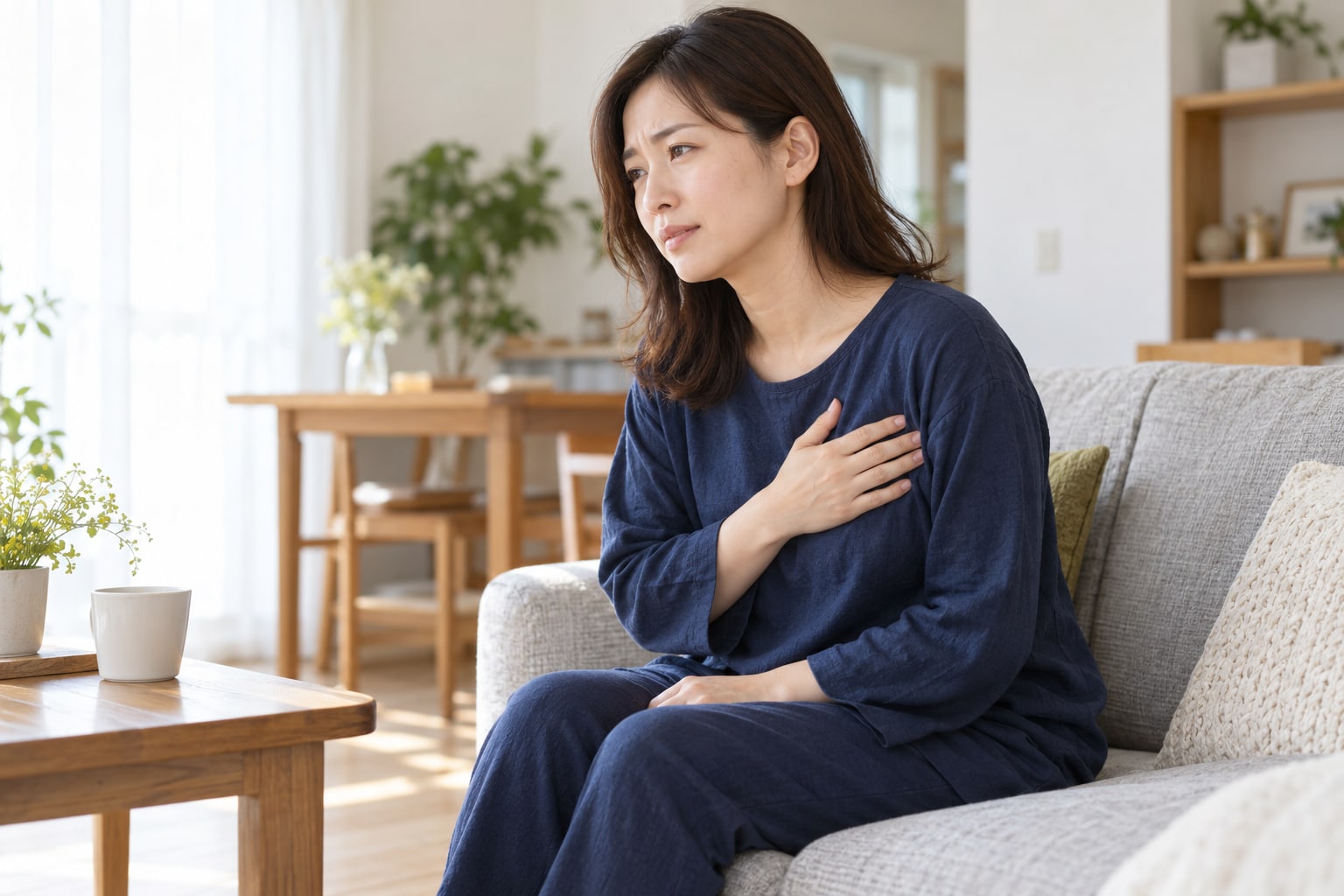 紺色のゆったりした服でソファに座り胸の上部に手を添える女性