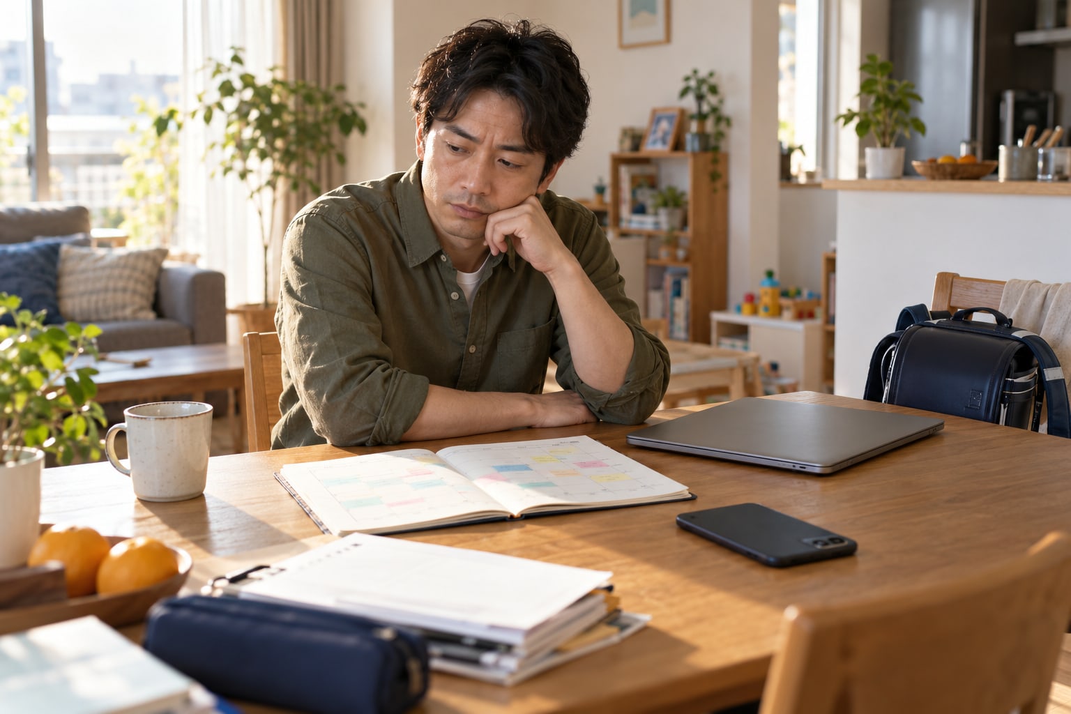 予定表と閉じたパソコンを前に次にする用事を考える緑のシャツの男性